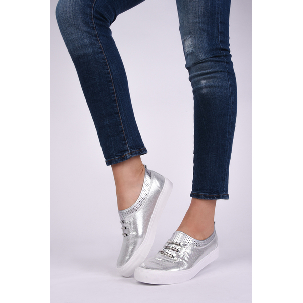 Pantofi Dama Casual Din Material Stralucitor Loyal Argintii