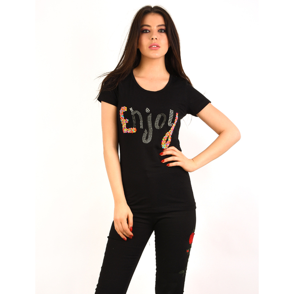 Tricou Dama Cu Strasuri Si Margele Enjoy Negru