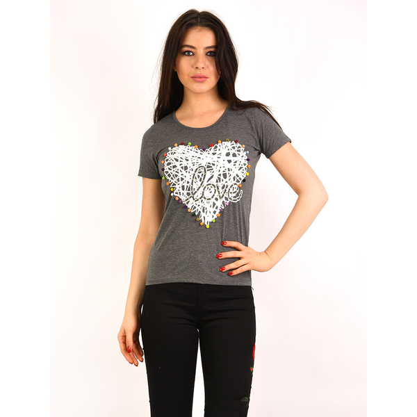 Tricou Dama Cu Imprimeu Inima Opinion Gri Inchis