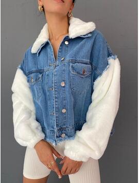 Geaca Dama DenimFluffy Alb