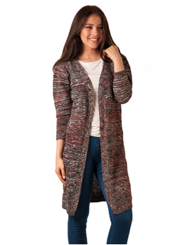 Cardigan Dama Lung Cu Buzunare Grena Si Gri