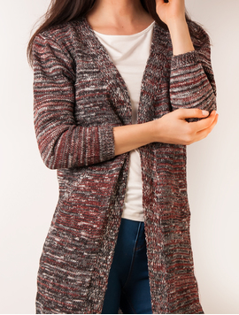 Cardigan Dama Lung Cu Buzunare Grena Si Gri