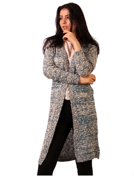 Cardigan Dama Lung Cu Buzunare Turcoaz Si Gri