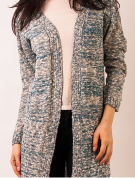 Cardigan Dama Lung Cu Buzunare Turcoaz Si Gri