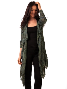 Cardigan Dama Cu Franjuri La Baza Verde Si Bleumarin