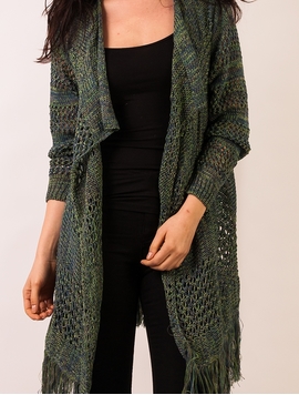 Cardigan Dama Cu Franjuri La Baza Verde Si Bleumarin