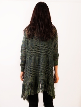 Cardigan Dama Cu Franjuri La Baza Verde Si Bleumarin
