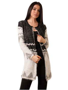Cardigan Dama Pufos Cu Brosa Alb-Negru