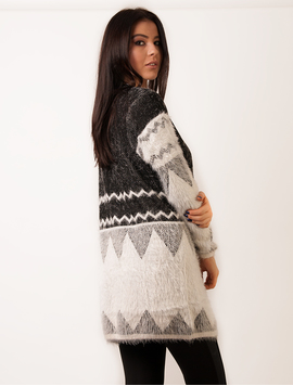 Cardigan Dama Pufos Cu Brosa Alb-Negru