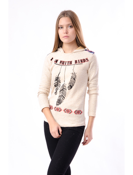 Bluza Dama Cu Imprimeu Si Gluga Bej