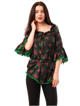 Bluza Dama Cu Model Floral, Ciucuri Si Curea Negru Si Verde