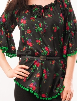 Bluza Dama Cu Model Floral, Ciucuri Si Curea Negru Si Verde