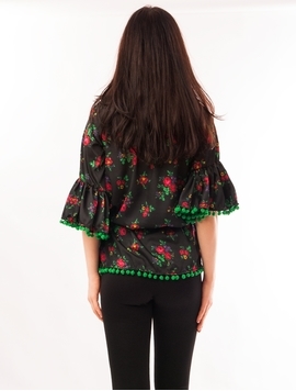 Bluza Dama Cu Model Floral, Ciucuri Si Curea Negru Si Verde