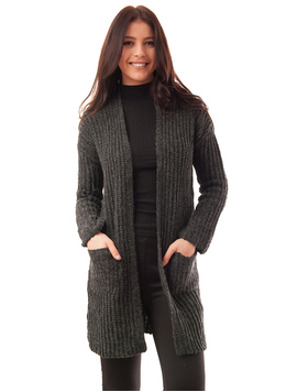 Cardigan Dama Tricotat Cu Buzunare Gri Inchis