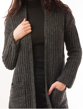 Cardigan Dama Tricotat Cu Buzunare Gri Inchis