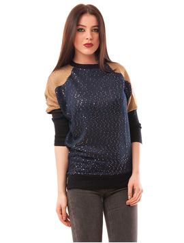 Pulover Dama Cu Paiete Si Plasa La Umar Glitter Bleumarin