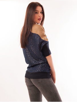Pulover Dama Cu Paiete Si Plasa La Umar Glitter Bleumarin
