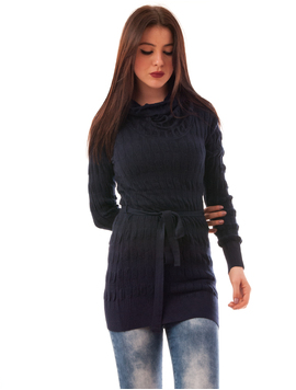 Pulover Dama Cu Guler Amplu Si Cordon Bubbles Bleumarin