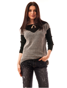 Pulover Dama Cu Perle Si Brosa Modern Negru
