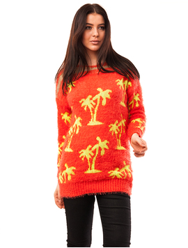 Pulover Dama Cu Model Cu Palmieri Palms Corai