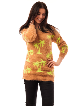 Pulover Dama Cu Model Cu Palmieri Palms Maro Deschis