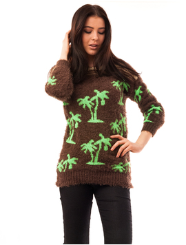 Pulover Dama Cu Model Cu Palmieri Palms Maro Si Verde