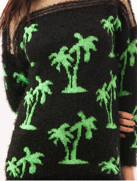 Pulover Dama Cu Model Cu Palmieri Palms Negru Si Verde