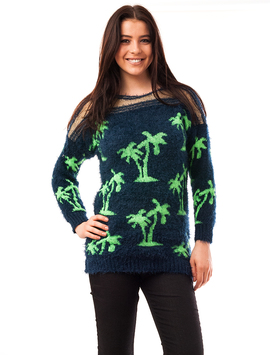 Pulover Dama Cu Model Cu Palmieri Palms Bleumarin Si Verde