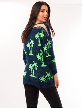 Pulover Dama Cu Model Cu Palmieri Palms Bleumarin Si Verde