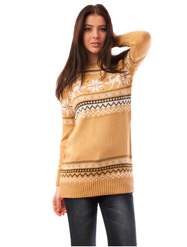 Pulover Dama Cu Fulgi de Zapada Si Reni Winter Mustar