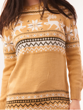 Pulover Dama Cu Fulgi de Zapada Si Reni Winter Mustar