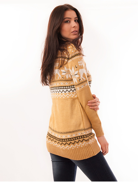 Pulover Dama Cu Fulgi de Zapada Si Reni Winter Mustar