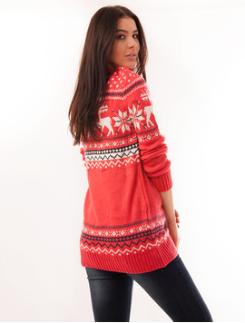 Pulover Dama Cu Fulgi de Zapada Si Reni Winter Corai