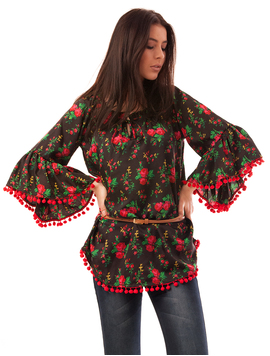 Bluza Dama Cu Model Floral Si Ciucuri Happiness Negru Si Rosu