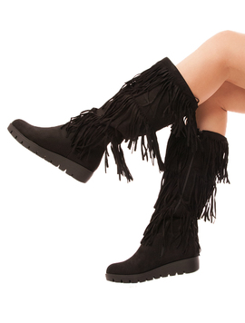 Cizme Dama Imblanite Cu Franjuri Fluffy Negre