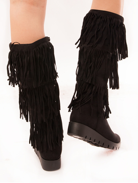 Cizme Dama Imblanite Cu Franjuri Fluffy Negre