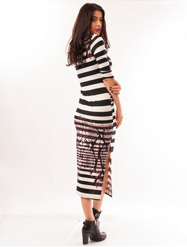 Rochie Lunga Cu Imprimeu Dungat Stripes Alb Si Negru