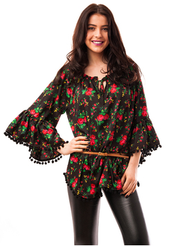 Bluza Dama Cu Model Floral Si Ciucuri Happiness Negru