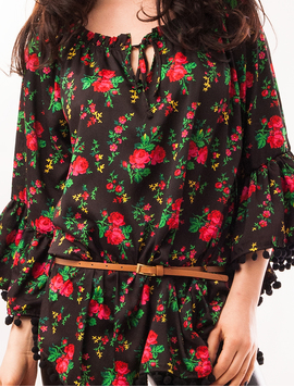 Bluza Dama Cu Model Floral Si Ciucuri Happiness Negru