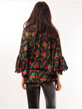 Bluza Dama Cu Model Floral Si Ciucuri Happiness Negru