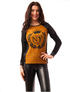 Bluza Dama Cu Fir Stralucitor College NY Mustar