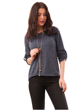 Bluza Dama Din Tricot Cu Siret Si Colier Sydney Bleumarin