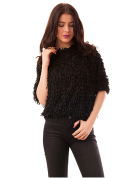 Pulover Dama Scurt Cu Franjuri Sand Negru