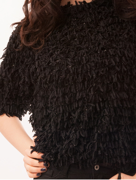 Pulover Dama Scurt Cu Franjuri Sand Negru