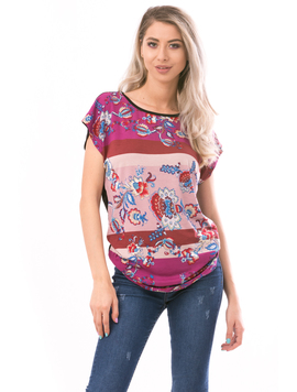 Tricou Dama FlowerTouch Bordo Roz Albastru Si Negru