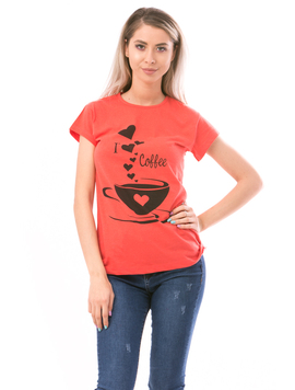 Tricou Dama ILoveCoffee Rosu si Negru