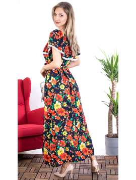 Rochie Dama Lunga QueenFlower Bleumarin si Portocaliu