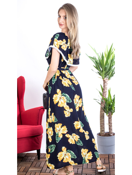 Rochie Dama Lunga QueenFlower Bleumarin si Galben