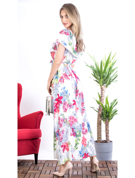 Rochie Dama Lunga QueenFlower Alb si Roz