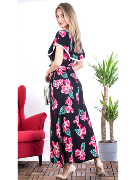 Rochie Dama Lunga QueenFlower Negru si Roz